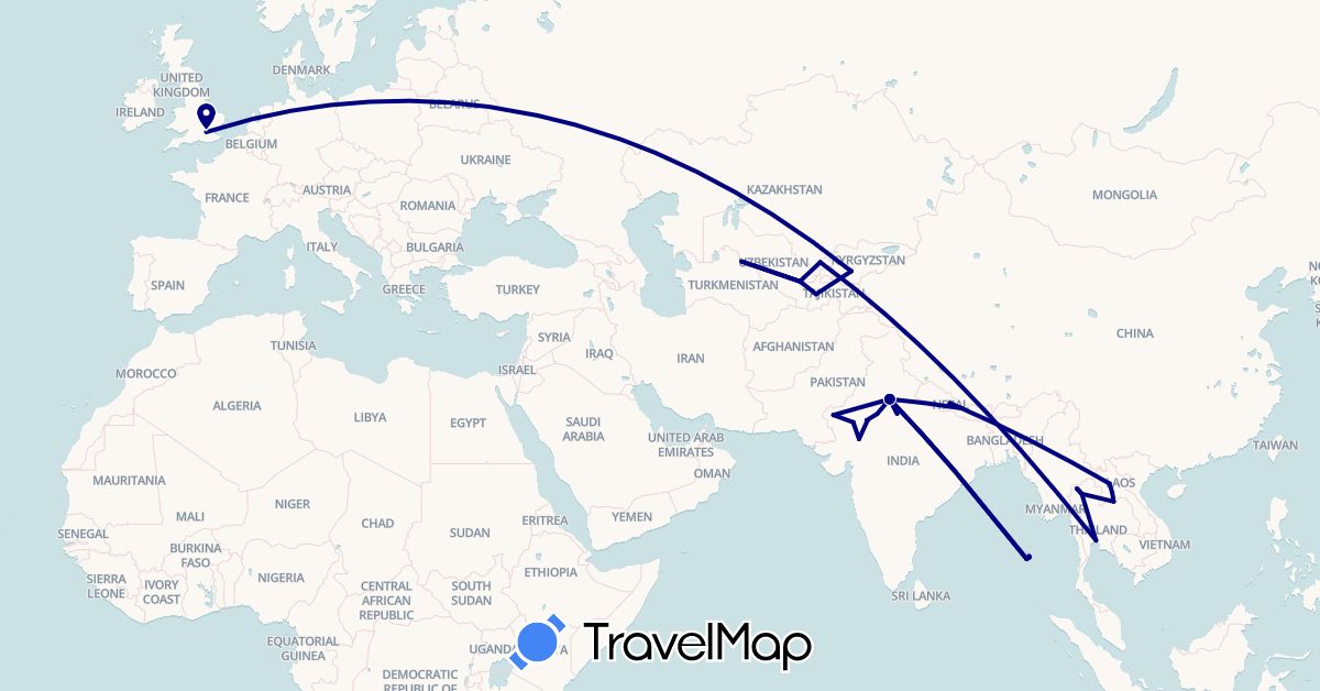 TravelMap itinerary: driving in United Kingdom, India, Kyrgyzstan, Laos, Nepal, Thailand, Tajikistan, Uzbekistan (Asia, Europe)